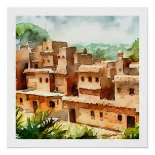 PÓSTER CLAY BRICK VILLAGE ANCIENT ARQUITETTURE WATERCOLOR