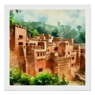PÓSTER CLAY BRICK VILLAGE ANCIENT ARQUITETTURE WATERCOLOR