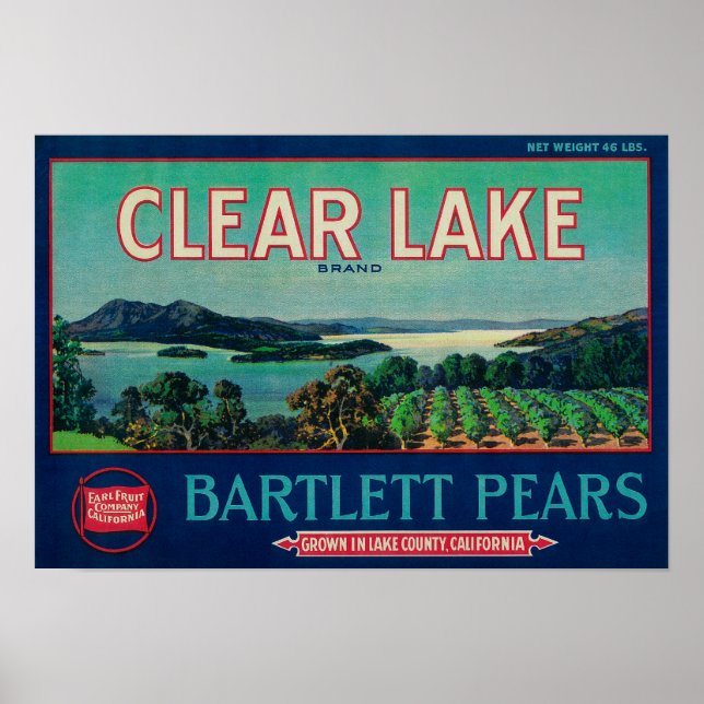 Póster Clear Lake Pear Crate LabelLake County, CA (Frente)