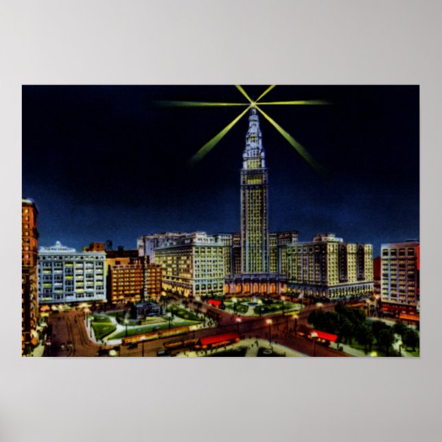 Póster Cleveland Ohio Skyline à Noite (Frente)