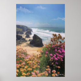 Poster Cliff top view of Beach com flores,