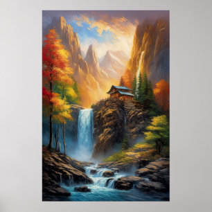 Poster Clifftop Retreat: Cabina de madeira pela cascata