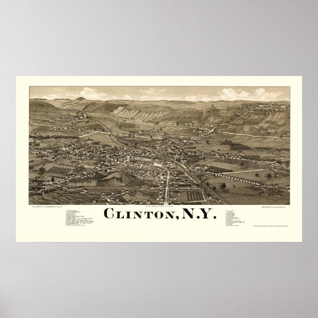 Póster Clinton, Mapa Panorâmico NY - 1885 (Frente)