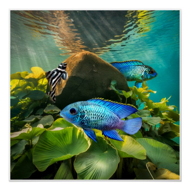 Póster Cloreto de Azul Elétrico Cichlids Zebra Pleco Peix (Frente)
