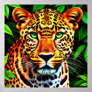 Poster Close-Up Jaguar Leopardo Rosto com Olhos Verdes