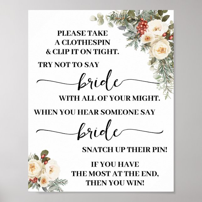Poster Clothespin Winter White Floral Bridal Shower Game (Frente)