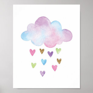 Poster Cloud Watercolor Rainbow Hearts Nursery Wall Decor