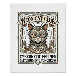 Póster Clube de Gatos Neon Gato Cyberpunk Arte Vetorial V