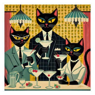 Póster Clube de Martini de Gato Preto Futurista Retro