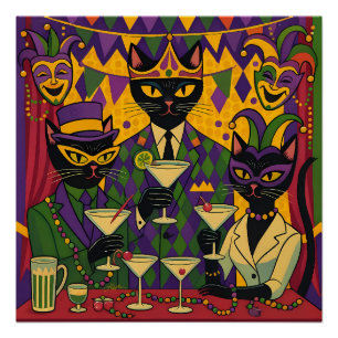 Póster Clube de Martini de Gato Preto Retro Futurista de