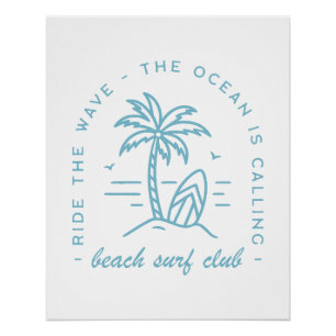 Póster clube de praia surf surfando oceano azul boho esté