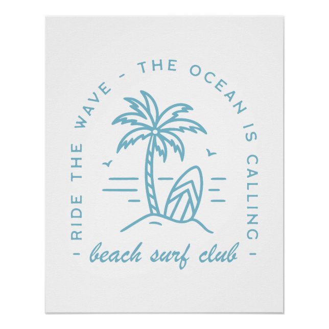Póster clube de praia surf surfando oceano azul boho esté (Frente)