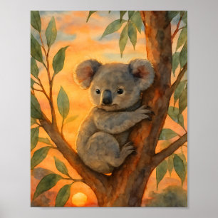 Poster Coala Fofo em Aquarela na Árvore de Eucalipto