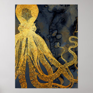 Poster Coastage Vintage Octopus Dourado Black Blue Waterc