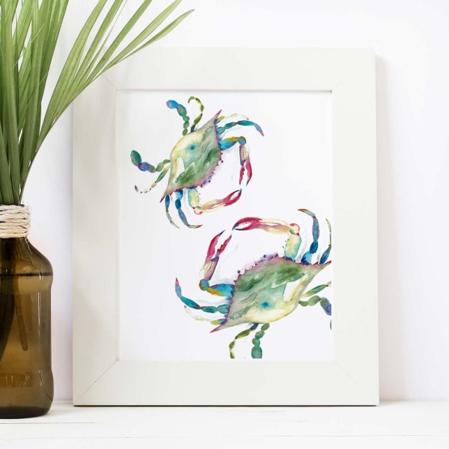 Poster Coastal Blue Crab Beach House Watercolor (Unique crab wall art features watercolor blue crabs by Victoria Grigaliunas of Do Tell A Belle)