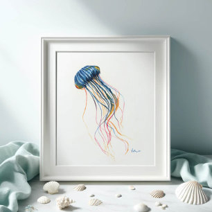 Poster Coastal Blue Jellyfish Art Watercolor