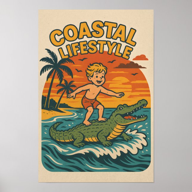Poster Coastal Lifestyle Gator Surfing - Retro Surf Beach (Frente)