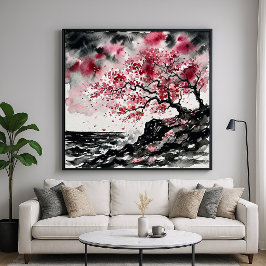 Poster Coastal Sakura - Watercolor Style Cherry Blossoms