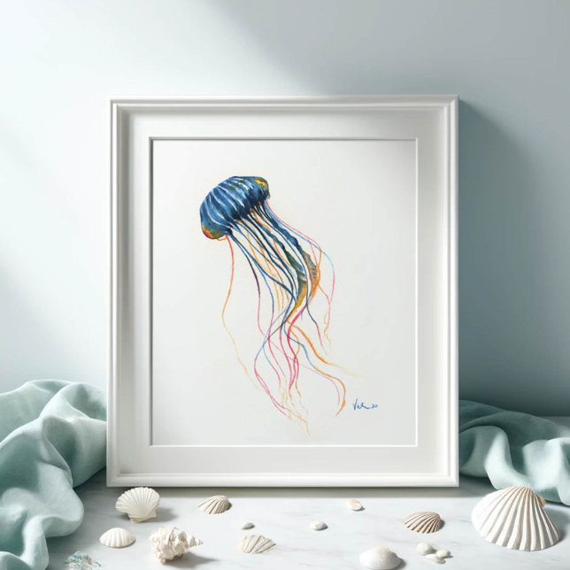 Poster Coasteira Azul-Jellyfish Art Watercolor (Watercolor paintings by Victoria Grigaliunas jellyfish print in shades of blue Shop Do Tell A Belle)