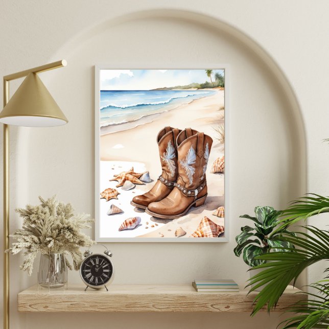 Poster Coasteira Cowgirl Brown Boots em Sand Ocean Beach (Coastal Cowgirl Brown boots on the beach sand sea seashells Wall Art poster print, Printed Digital)