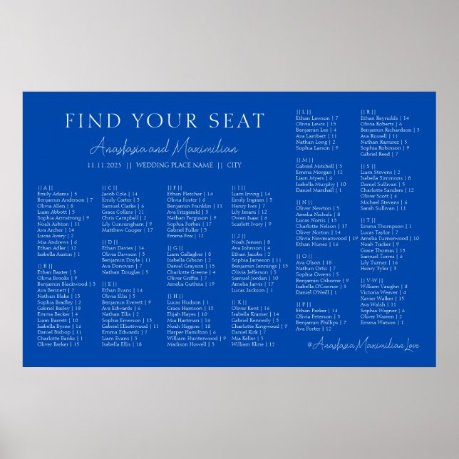 Poster Cobalt Blue Wedding Alphabetical Seating Chart (Frente)