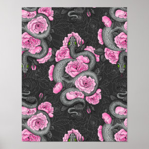 Poster Cobras e rosas cor-de-rosa