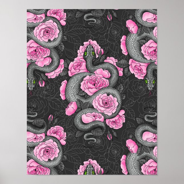 Poster Cobras e rosas cor-de-rosa (Frente)