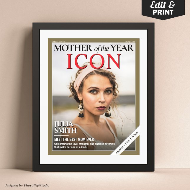 Poster Cobrir da Revista de Dia de as mães Personalizado, (Custom Mothers Day Magazine Cover, Mother of the Year Gift for Mom Poster)