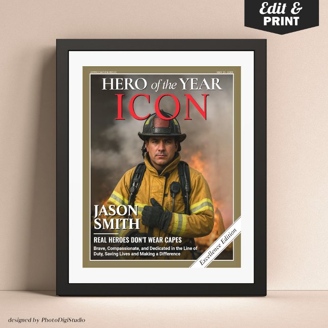 Poster Cobrir da Revista Fireman de Presente Personalizad (First Responder Gift Idea, Firemen Policemen Paramedic Gift, Custom Magazine Cover Poster)