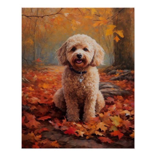 Póster Cockapoo no Outono Folhas Caídas Inspiram (Frente)