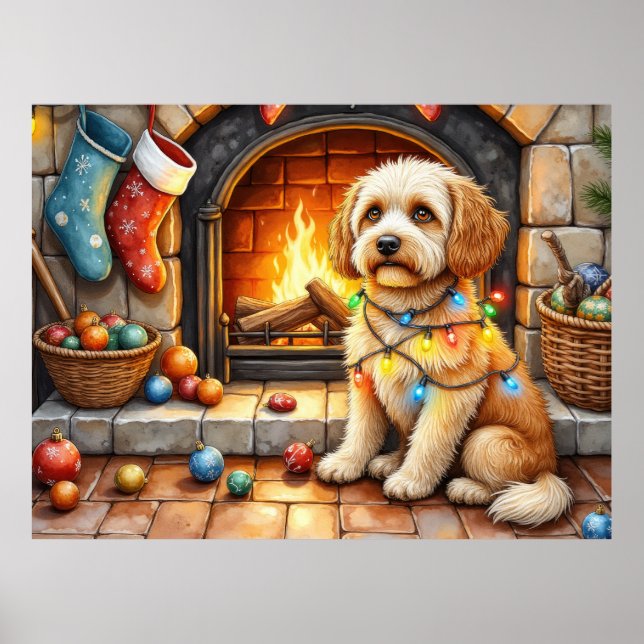 Poster Cockapoo Sitting by Fireplace with Christmas Light (Frente)