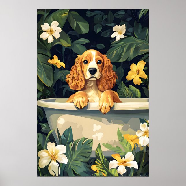 Poster Cocker Spaniel In Bathtub Poster, Funny Dog (Frente)
