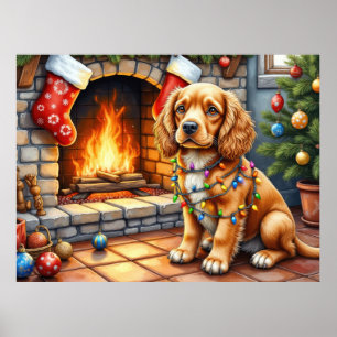 Poster Cocker Spaniel junto à Lareira com Luzes de Natal