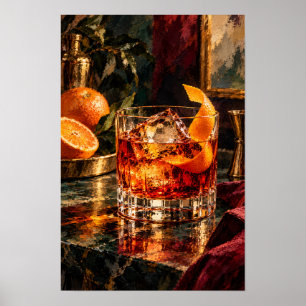 Poster Cocktail de Whiskey ao Estilo Antigo com Laranja –