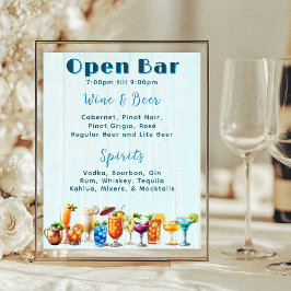 Poster Cocktails de Bar Aberto de Casamento Lista Madeira