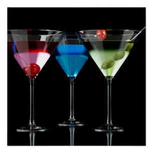 Póster Cocktails diferentes em copos de martini em preto