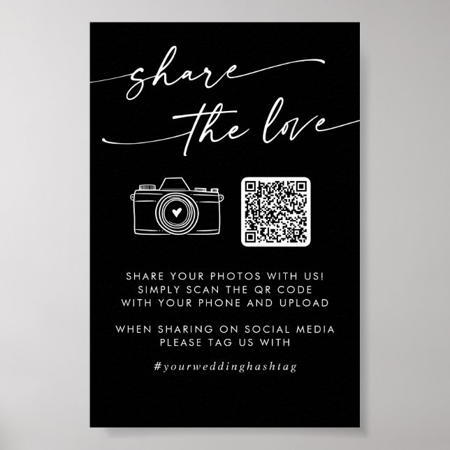 Poster Código QR Boho Preto Casamento Compartilhe o Amor (Frente)
