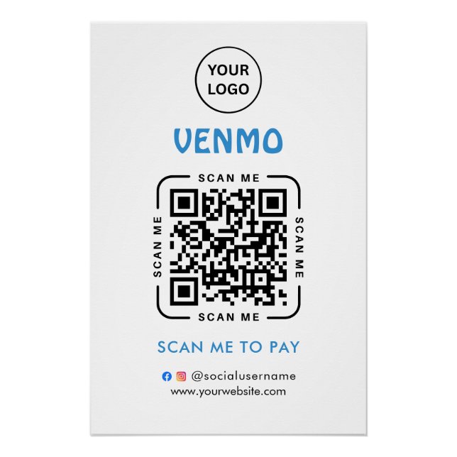 Póster Código QR de Pagamento Venmo | Escaneie para Pagar (Frente)
