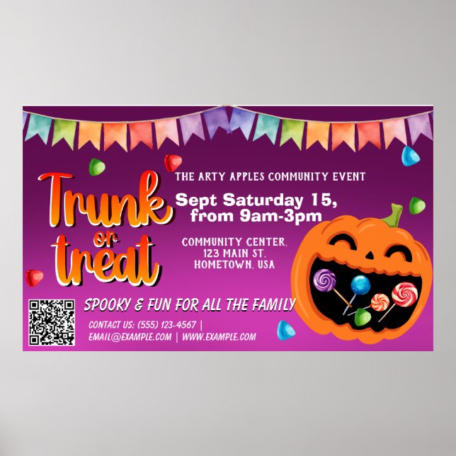 Poster Código qr do Banner do Halloween de Tronco ou Trat (Frente)