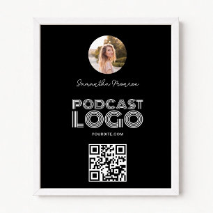 Poster Código QR do Logotipo do Podcast Moderno Preto e B