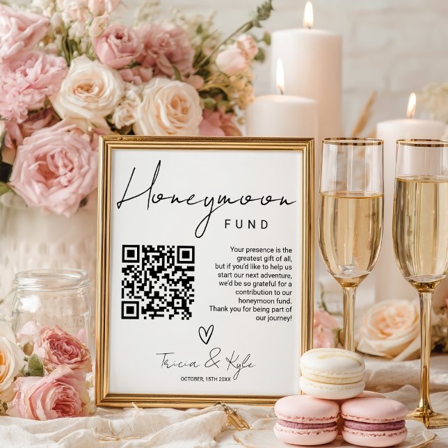 Poster Código QR moderno Black White Honeymoon Fund Casam (Modern QR code Black white Honeymoon Fund Wedding Poster)
