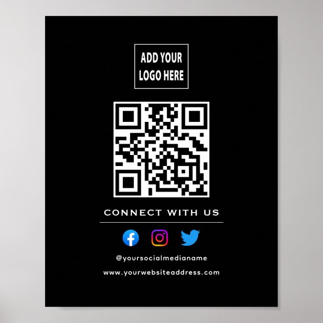 Poster Código QR Seguir Scan Para Conectar Conosco Preto  (Frente)