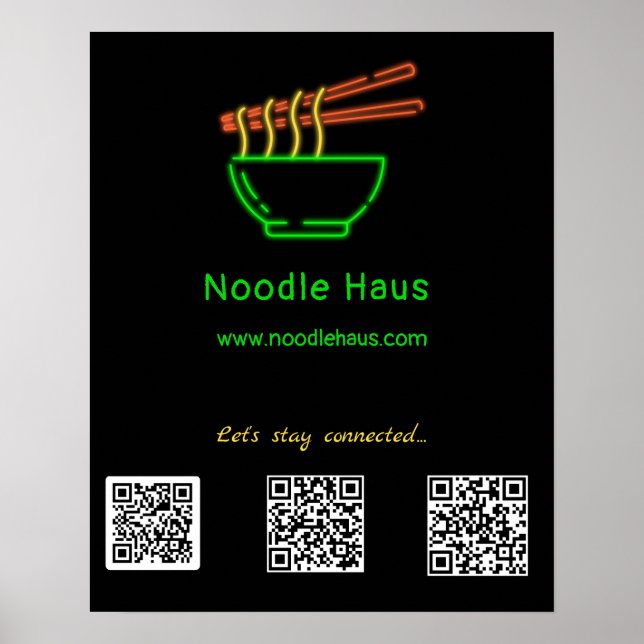 Poster Códigos QR de Mídia Social do Neon Asian Noodle Bo (Frente)