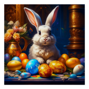 Póster Coelhinho Branca de Páscoa Barroco com Ovos