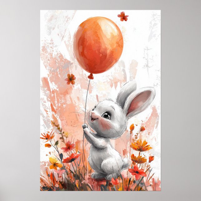 Poster Coelhinho Branco bonito com Illus digital de balão (Frente)