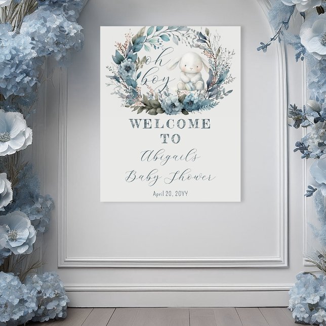 Poster Coelhinho Bunny Rabbit Floral Azul Aniversário do  (Bunny Rabbit and Blue Floral Wreath Boy Baby Shower Poster - "Oh Boy" Bunny Collection -Print | Digi)