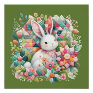 Póster Coelhinho com Quilt e Flores