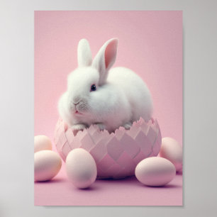 Poster Coelhinho da Páscoa Branca e Ovos Fundo Rosa