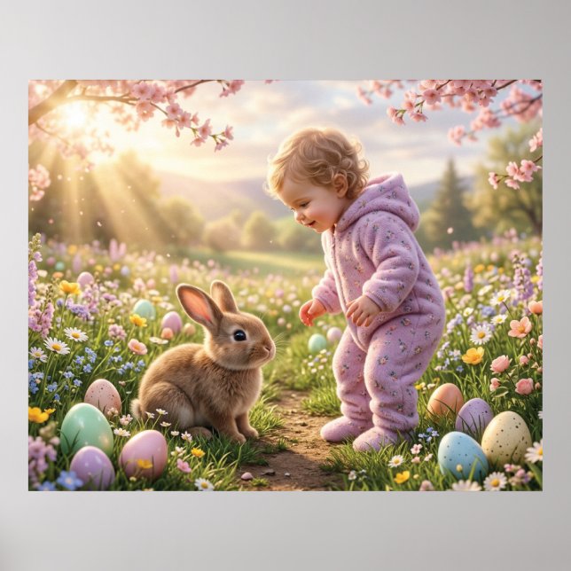 Poster Coelhinho da Páscoa Fofo e Criança (Frente)