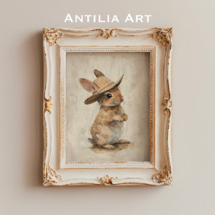 Poster Coelhinho de Arte Animal Russo com Chapéu de Palha